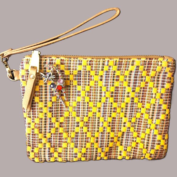 Colorful Miztique Cotton Woven Large Wristlet Tan Leather Straps Gold Hardware - Picture 8 of 8